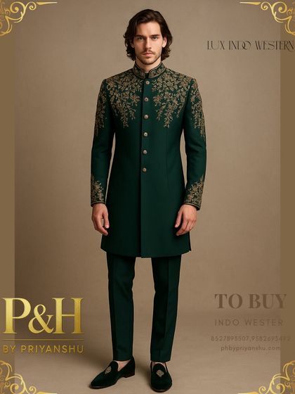 I designed this dark green Indo-Western suit using pure silk for a natural luster. The golden hand-embroidery flows from the shoulders down, creating a design inspired by nature's elegance.