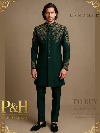 I designed this dark green Indo-Western suit using pure silk for a natural luster. The golden hand-embroidery flows from the shoulders down, creating a design inspired by nature's elegance.