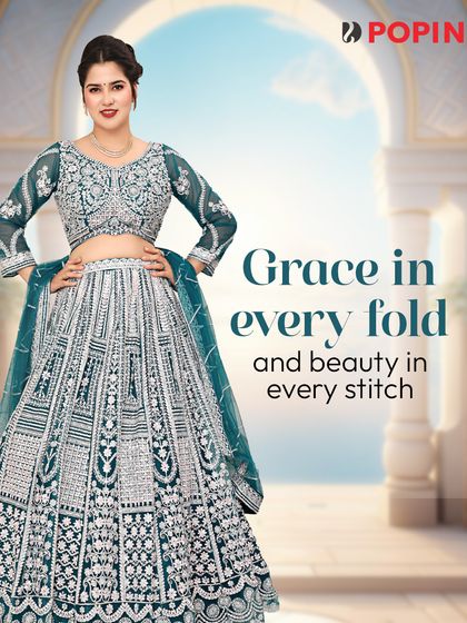 Grace in every fold. This bottle green lehenga with heavy silver embroidery is a regal choice for a Sangeet or reception.