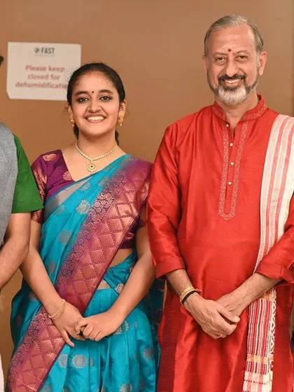 A photo with my co-artists after a successful performance at the Cleveland Thyagaraja Festival 2023. It was a great learning experience to also sing for a dance recital and lead the Carnatic Symphony there.