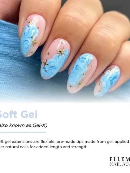 This graphic explains what Soft Gel (also known as Gel-X) extensions are. They are flexible, pre-made tips applied over natural nails for added length and strength.