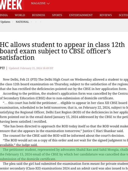 The Week magazine's coverage of the Class 12 board exam case, highlighting my representation of the student. The court directed the authorities to ensure she could appear for her exam the very next day.