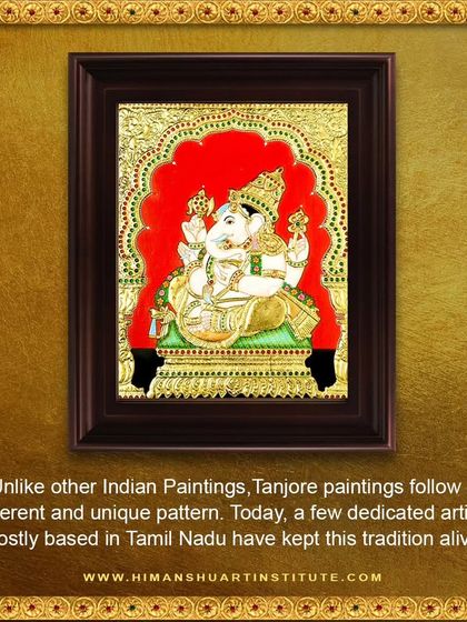 A series of informational images explaining the history and techniques of Tanjore painting, a classical South Indian art form known for its gold foil work and embedded gems.