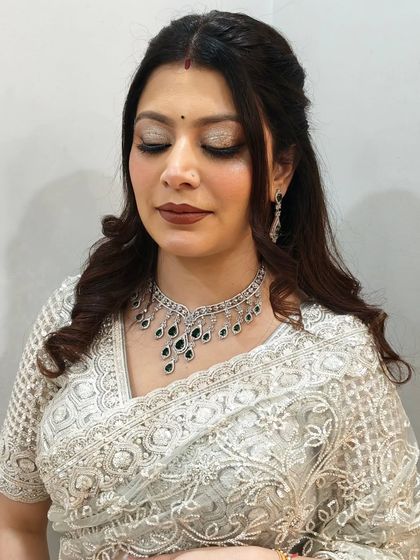 A close-up showing the glittery eyeshadow. This is a perfect example of a subtle glam look, where the sparkle adds excitement without being too much.
