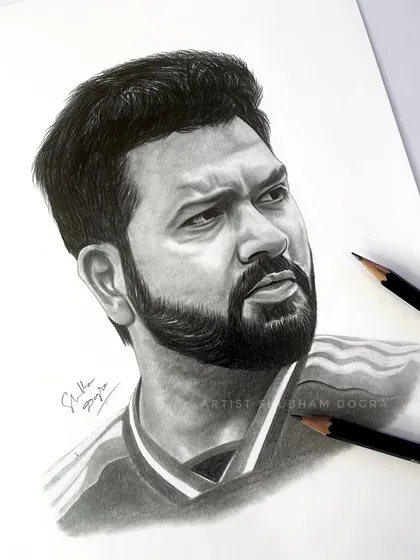 A powerful pencil sketch of Rohit Sharma, the "Hitman." The focus here is on his determined expression, rendered with careful shading to create depth and realism.