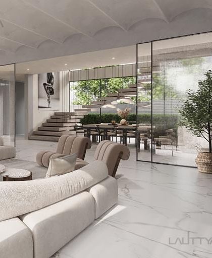 This render illustrates an open-concept living and dining space where glass partitions create separation without sacrificing light or visual connection. The design emphasizes natural materials, soft forms, and a calm, airy atmosphere.