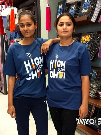 "High on Chai." For the true tea lovers, these friends walked into my store to get their love for chai printed on matching t-shirts.