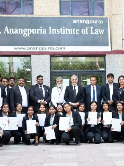 A proud group photo with all the participants and judges outside the B.S. Anangpuria Institute of Law. Events like these build a strong community of future legal professionals.