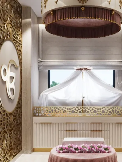 This view highlights the ornate, laser-cut jaali wall with the 'Ek Onkar' symbol, which adds a layer of traditional craftsmanship to the modern design.