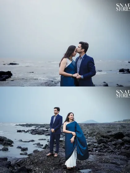 A two-panel collage showing both a romantic close-up and a stylish posed shot of the couple against the backdrop of the sea and rocky shoreline.