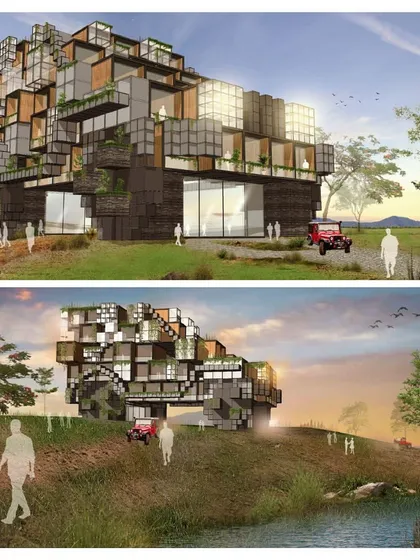 A conceptual design for the Mahindra Resort, envisioned as a "pixelated" structure inspired by building blocks. The modular, stacked form creates a unique and iconic landmark on the landscape.