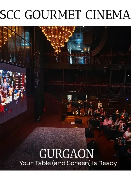 Our expansion to Gurgaon, bringing the gourmet cinema experience to a new audience. This image announces that the table and screen are ready for another unforgettable night, this time at The Piano Man, Gurgaon.