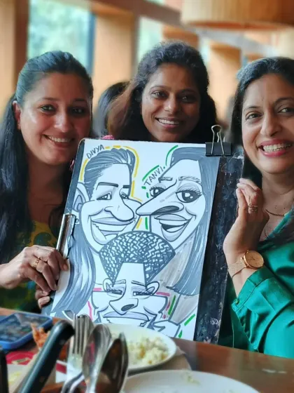 It's always a blast drawing groups of friends. Capturing the dynamic and laughter between people in a single caricature is a challenge I love. It’s the ultimate group souvenir from any party or get-together.