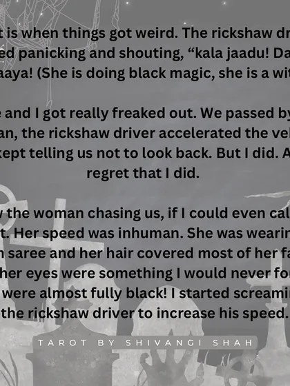 A story of a couple living in Aarey Colony who are chased by a woman with inhuman speed and black eyes, believed to be a witch.