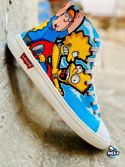 The Simpsons side of the mashup, featuring Bart strangling Homer against a sky background. It's a classic, chaotic scene from the show brought to life on a sneaker.
