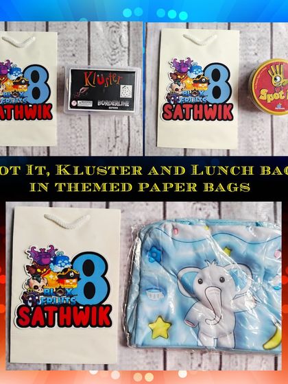 This fun hamper combines games like Spot It and Kluster with a practical insulated lunch bag, all packed in a personalized paper bag.