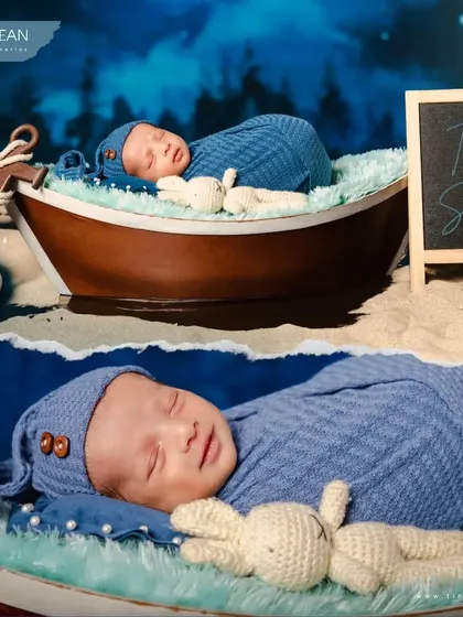 A collage showcasing our adorable "Tiny Sailor" theme. It features a newborn sleeping in a boat prop and close-ups of the baby in a knitted sailor outfit, complete with a toy bunny companion.