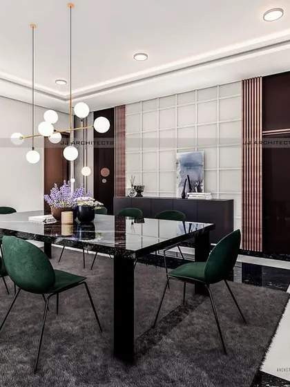 Another perspective of the dining room, showing the mix of wall textures, including white panels, wood slats, and dark reflective surfaces, which add depth and luxury to the space.