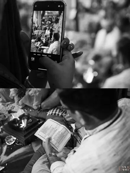A black and white collage focusing on the details of the ceremony, from a guest taking a photo to the priest reading from the holy book.