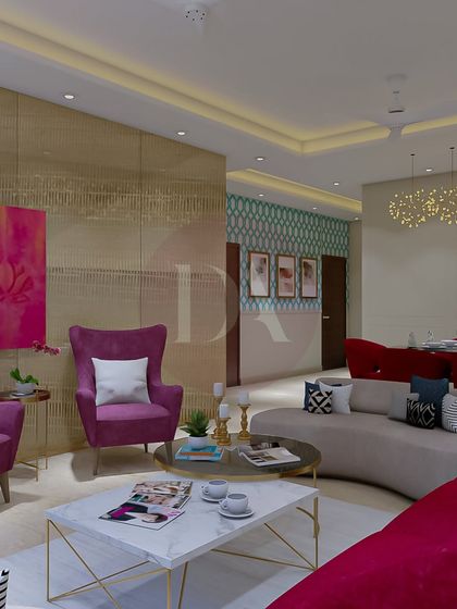 Your dream space deserves a story. This vibrant living room render shows how we blend function with flair, using statement furniture and a bold color palette to create a space that feels full of life.