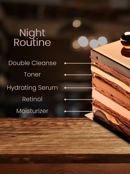 For your night routine, double cleansing is key, especially if you wear makeup or live in a polluted city. This is also the time to incorporate active ingredients like Retinol.