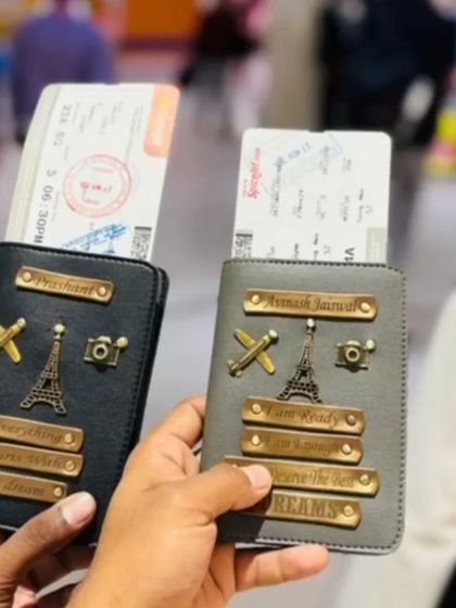 A couple's travel set of personalized passport holders, ready for their next journey.