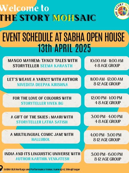 The event schedule for day two of The Story MOHsaic, featuring sessions on everything from mangoes and colors to multilingual comics.