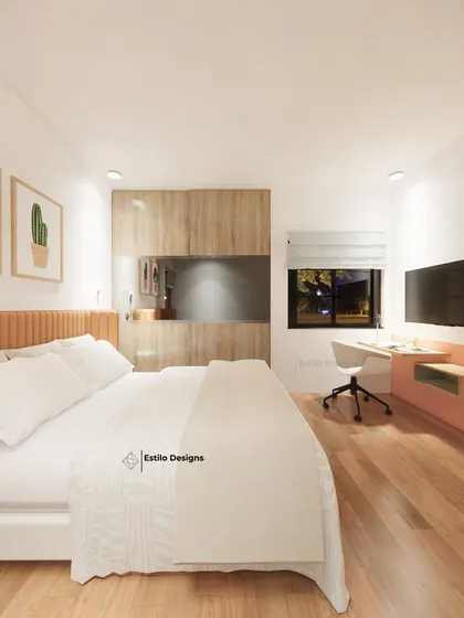 I designed this guest bedroom to feel warm and welcoming through the use of color and simple, clean lines. The space includes a comfortable bed, a compact study desk, and minimal decor to create a joyful and uncluttered environment for visitors.