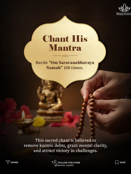 Chant his mantra for mental clarity. Reciting "Om Saravanabhavaya Namah" 108 times is a sacred practice. This chant is believed to remove karmic debts, grant mental clarity, and attract victory in challenges.