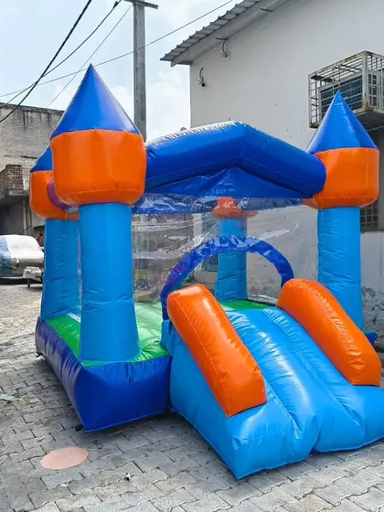 A small castle-style bouncy with a dual slide at the front. This blue and orange model is a great all-in-one play area for smaller children.