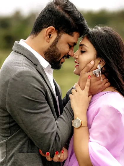 An intimate close-up of a couple, their faces close, capturing the deep affection and connection between them during their pre-wedding shoot.