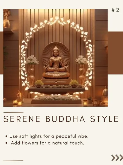 For this serene Buddha-style puja corner, I used a custom backlit jaali arch to create a divine aura. The design incorporates soft, warm lighting and floral arrangements to foster a peaceful and meditative atmosphere, blending spiritual needs with elegant home decor.