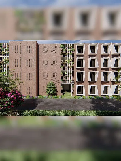 This 3D visualization showcases a facade design for a school, integrating vertical gardens and unique window structures. My approach to institutional projects involves creating stimulating environments that are also sustainable, using biophilic design to connect students with nature.
