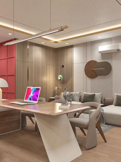 A sophisticated office space with a red accent wall and a sleek, modern desk. The design balances bold color with neutral tones for a dynamic yet professional feel.