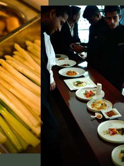 A collage showing my team inspecting plated dishes before they go out to guests, ensuring every plate meets our high standards.
