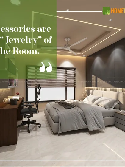 Accessories are the jewelry of the room. This bedroom combines a comfortable bed with a functional study area, demonstrating how to maximize space without sacrificing style.