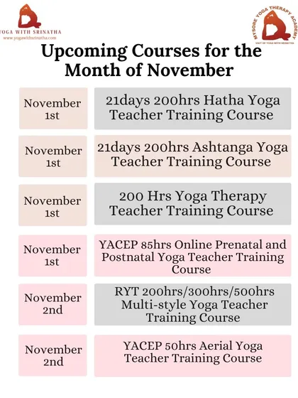 Our November schedule for foundational courses, including 200-hour Hatha and Ashtanga, Yoga Therapy, and online Prenatal training.