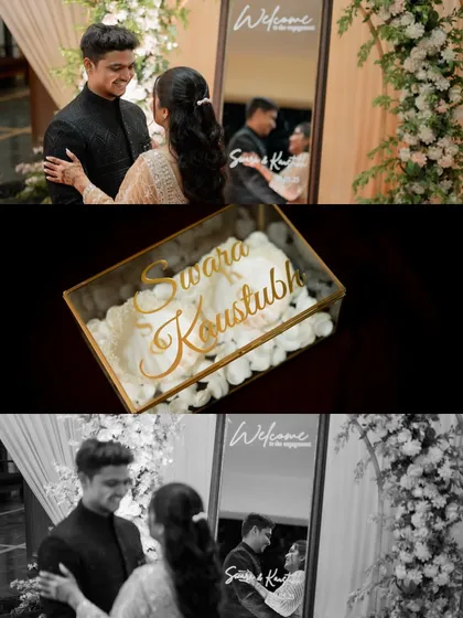 A collage showcasing engagement details, including a personalized ring box and a creative mirror shot of the couple.