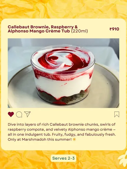 This is summer in a tub. Dive into layers of rich Callebaut brownie chunks, swirls of raspberry compote, and a velvety Alphonso mango crème. It's a fruity, fudgy, and fabulously fresh indulgence.