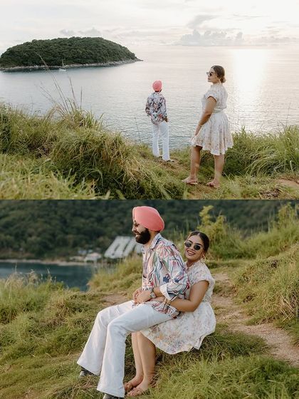 The couple enjoying a quiet moment on a cliffside, overlooking the ocean.