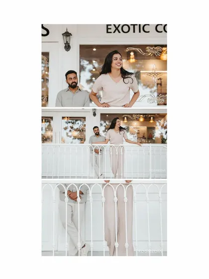 A collage of a couple enjoying a day at a stylish, white-themed cafe. This showcases a variety of poses and interactions in a single, cohesive location.