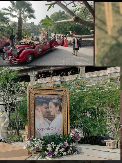 The groom's grand Baraat entrance in a vintage red car, along with a personalized photo frame of the couple, added a personal and stylish touch to the wedding day.