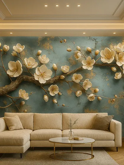 This elegant 5D wallpaper showcases white cherry blossoms on a teal textured background with golden flecks, creating a beautiful contrast and a sophisticated look.