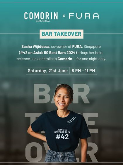 The official poster for our bar takeover with Sasha Wijidessa. These events are a fantastic way to experience cutting-edge mixology right here at Comorin.