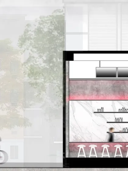 Another section drawing that places the CHAMPON bar in its street-side context. This level of planning ensures a cohesive design that considers both internal atmosphere and external presence.