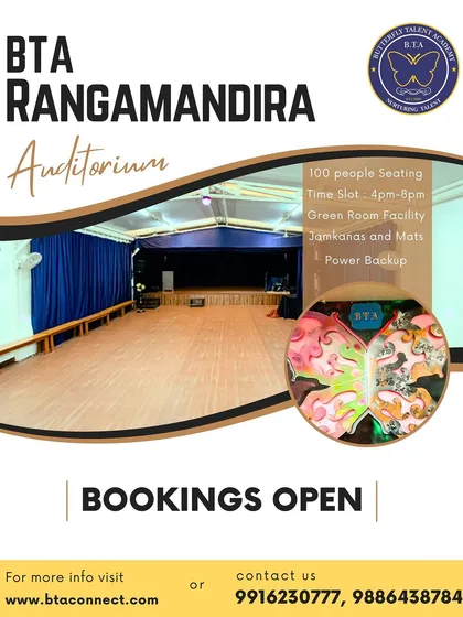 Welcome to our BTA Rangamandira Auditorium. We provide a professional performance space with a 100-person seating capacity, proper stage flooring, and green room facilities, ensuring our students experience the thrill of performing in a real theatre environment.