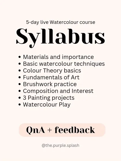 Here’s the syllabus for my watercolor basics course. We cover everything from materials and color theory to composition and completing three full painting projects together.