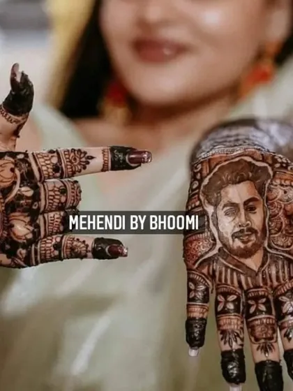 A close up of the groom's portrait on one hand and the couple's initials "HP" on the other. This shows how we can mix and match different personalized elements for a unique design.