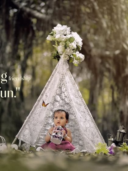 Budding friendship and endless fun. A little girl sits in her teepee in a magical forest setting.