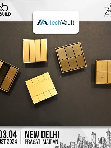 A promotional graphic for our participation in the D-arc BUILD expo, showcasing our elegant golden keypads.